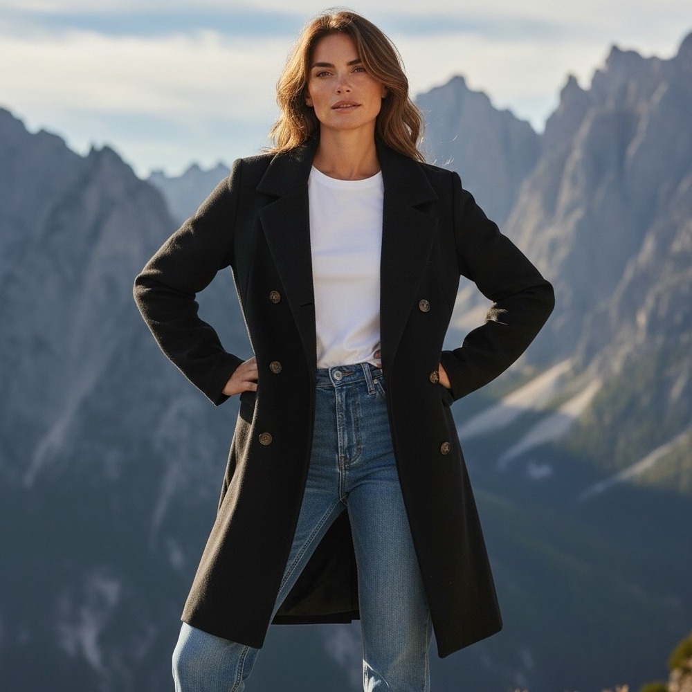 Chic Women's Black Double-Breasted‎ Trench Coat